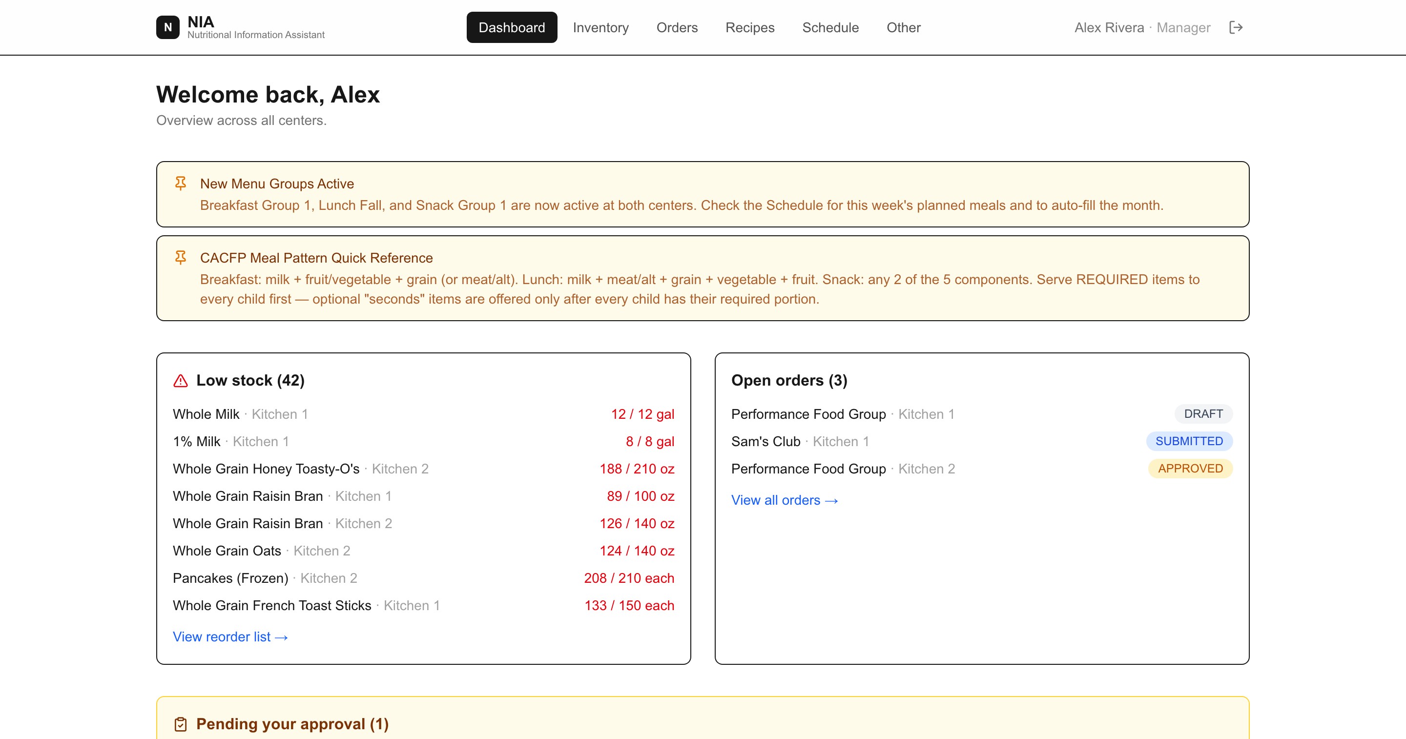 The NIA dashboard showing low stock and open orders across two child-care centers